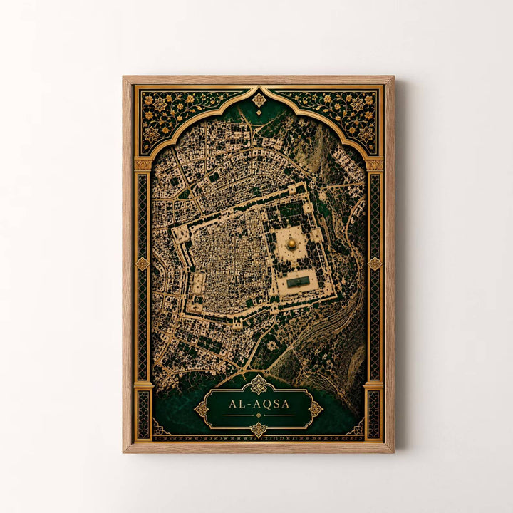 Premium cartographic print of Jerusalem Old City and Al Aqsa Compound set in an ornate gold arch border. Presented by MapYourDreams, this artwork is available in flexible options including unframed paper, custom wooden frames, and gallery canvas wraps for timeless wall decor.