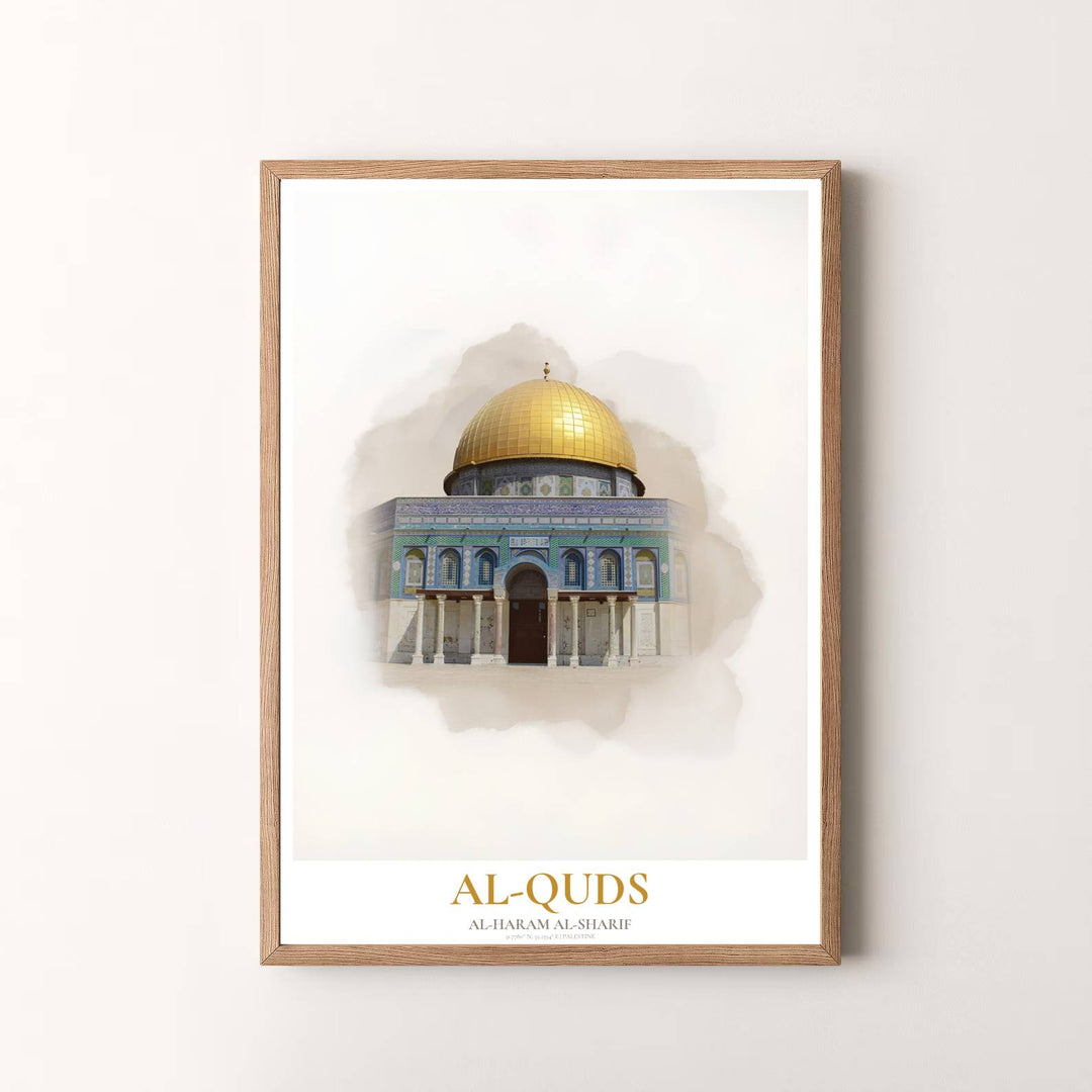 Minimalist watercolor travel wall art of Jerusalem Dome of the Rock with delicate gold and cobalt hues. Presented by MapYourDreams, this artwork is available in flexible options including unframed paper, custom wooden frames, and gallery canvas wraps for timeless wall decor.