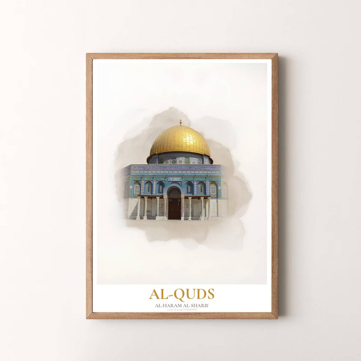 Minimalist watercolor travel wall art of Jerusalem Dome of the Rock with delicate gold and cobalt hues. Presented by MapYourDreams, this artwork is available in flexible options including unframed paper, custom wooden frames, and gallery canvas wraps for timeless wall decor.