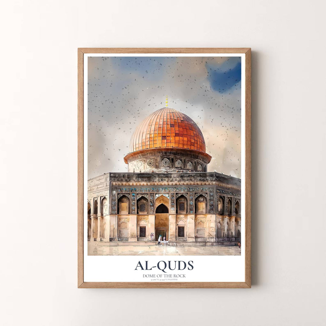 Expressive watercolor travel wall art of Jerusalem Dome of the Rock with copper gold dome and sky splatter details. Presented by MapYourDreams, this artwork is available in flexible options including unframed paper, custom wooden frames, and gallery canvas wraps for timeless wall decor.