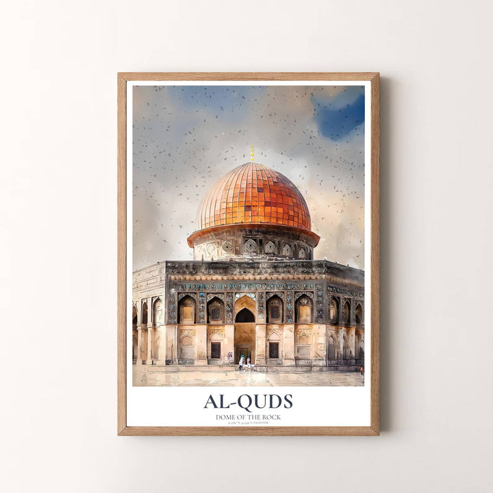 Expressive watercolor travel wall art of Jerusalem Dome of the Rock with copper gold dome and sky splatter details. Presented by MapYourDreams, this artwork is available in flexible options including unframed paper, custom wooden frames, and gallery canvas wraps for timeless wall decor.