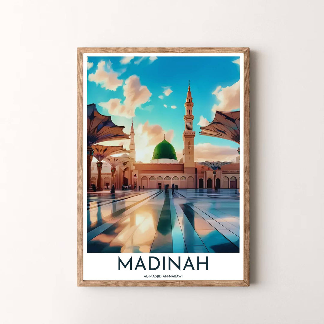 Travel wall art print of Al Masjid An Nabawi in Madinah Saudi Arabia with mirror-like marble floor reflections. Presented by MapYourDreams, this artwork is available in flexible options including unframed paper, custom wooden frames, and gallery canvas wraps for timeless wall decor.