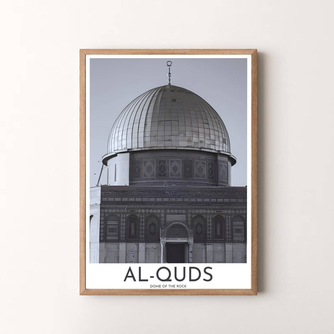Minimalist black and white travel wall art of Jerusalem Dome of the Rock with slate gray tones and crisp contrast. Presented by MapYourDreams, this artwork is available in flexible options including unframed paper, custom wooden frames, and gallery canvas wraps for timeless wall decor.
