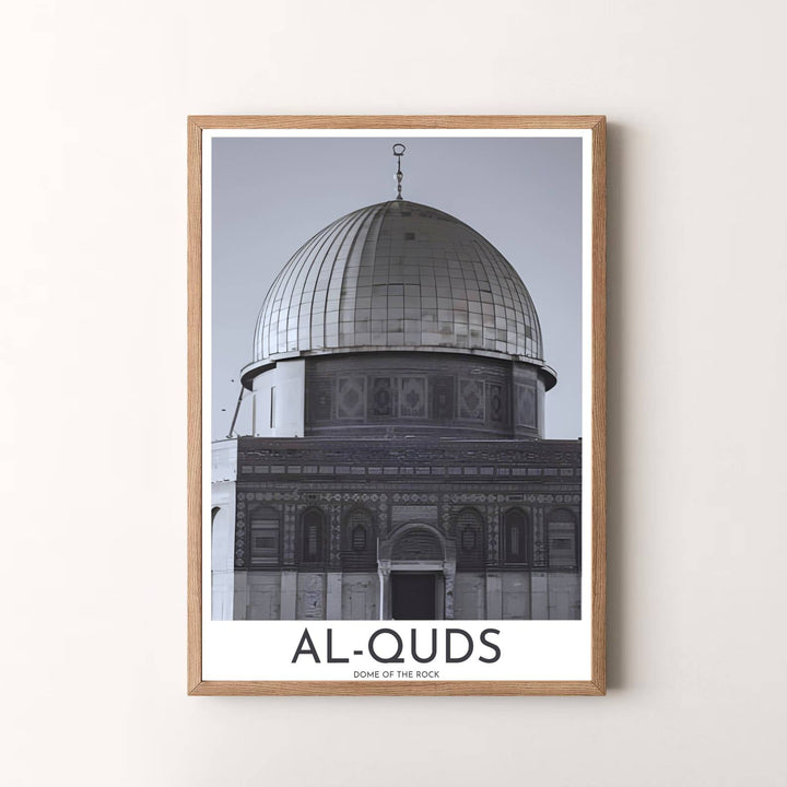Minimalist black and white travel wall art of Jerusalem Dome of the Rock with slate gray tones and crisp contrast. Presented by MapYourDreams, this artwork is available in flexible options including unframed paper, custom wooden frames, and gallery canvas wraps for timeless wall decor.