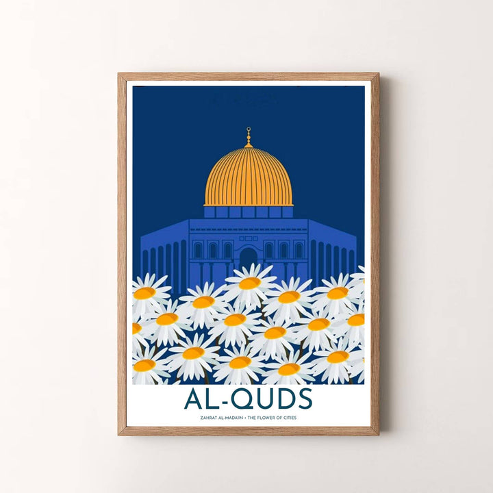Modern botanical travel wall art of Jerusalem Dome of the Rock with vibrant white daisies and gold dome contrast. Presented by MapYourDreams, this artwork is available in flexible options including unframed paper, custom wooden frames, and gallery canvas wraps for timeless wall decor.