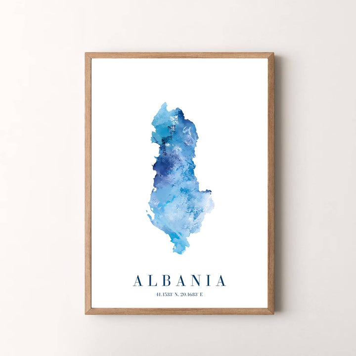 Stylish Albania map wall art capturing Balkan topography in abstract watercolor tones, suitable for gallery wall arrangements or bold single accent walls. Offered by MapYourDreams, this artwork is available in flexible options including unframed paper, custom wooden frames, and gallery canvas wraps for room decor.