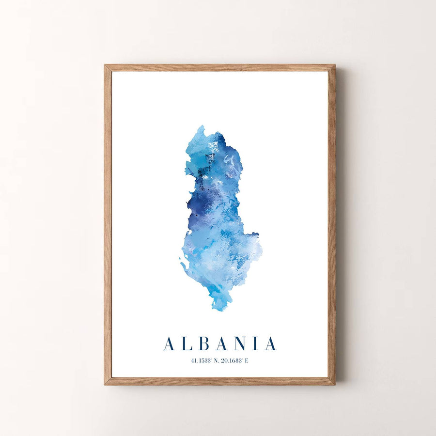 Stylish Albania map wall art capturing Balkan topography in abstract watercolor tones, suitable for gallery wall arrangements or bold single accent walls. Offered by MapYourDreams, this artwork is available in flexible options including unframed paper, custom wooden frames, and gallery canvas wraps for room decor.