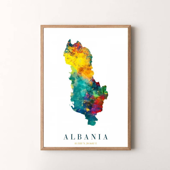 Premium watercolor map poster depicting Albania in vibrant multicolor shades, designed to bring creative energy and travel warmth into your home. Offered by MapYourDreams, this artwork is available in flexible options including unframed paper, custom wooden frames, and gallery canvas wraps.