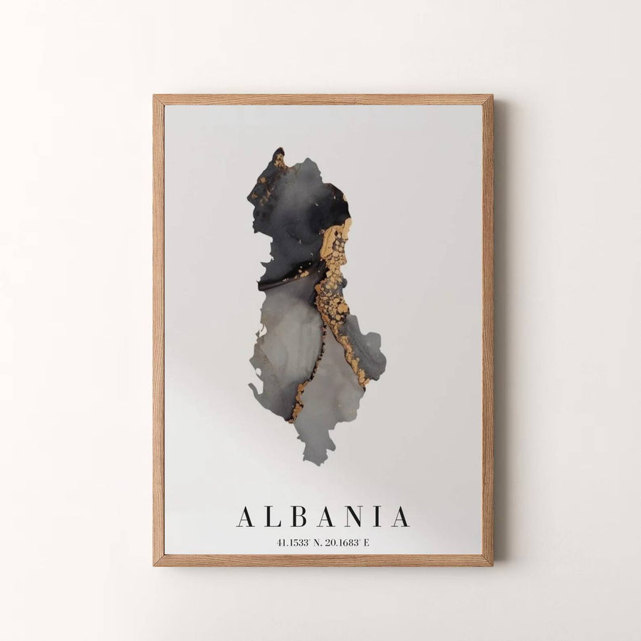 Premium abstract map poster depicting Albania in dramatic black and gold shades, designed to bring elegant luxury and travel inspiration into your home. Offered by MapYourDreams, this artwork is available in flexible options including unframed paper, custom wooden frames, and gallery canvas wraps.
