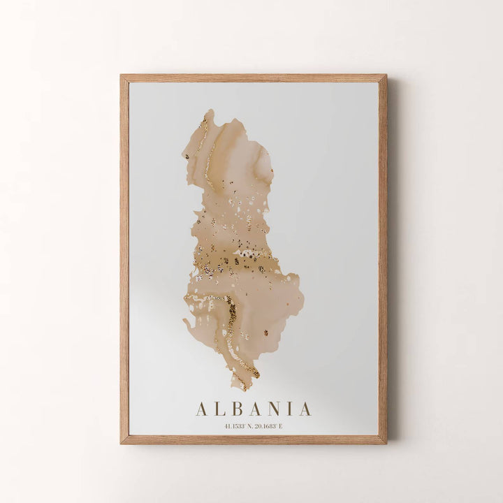 Premium abstract map poster depicting Albania in soft beige and gold shades, designed to bring understated luxury and travel inspiration into your home. Offered by MapYourDreams, this artwork is available in flexible options including unframed paper, custom wooden frames, and gallery canvas wraps.