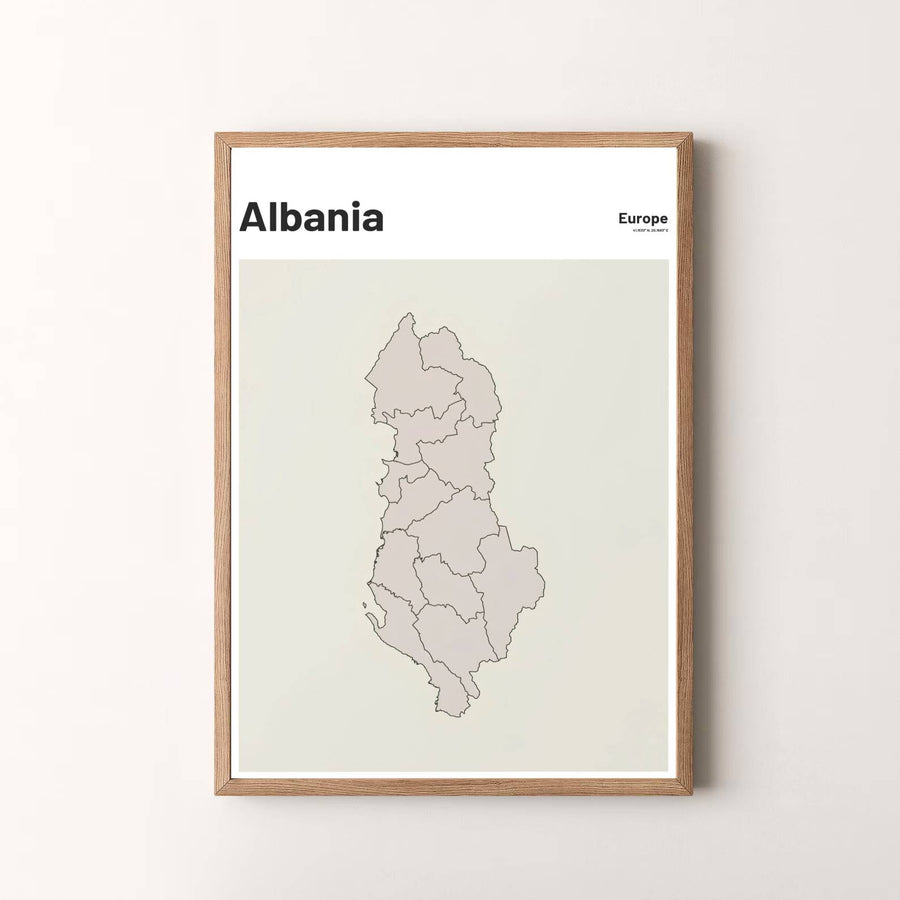Premium minimalist map poster depicting Albania in soft neutral tones, designed to bring quiet European style and travel inspiration into your home. Offered by MapYourDreams, this artwork is available in flexible options including unframed paper, custom wooden frames, and gallery canvas wraps.
