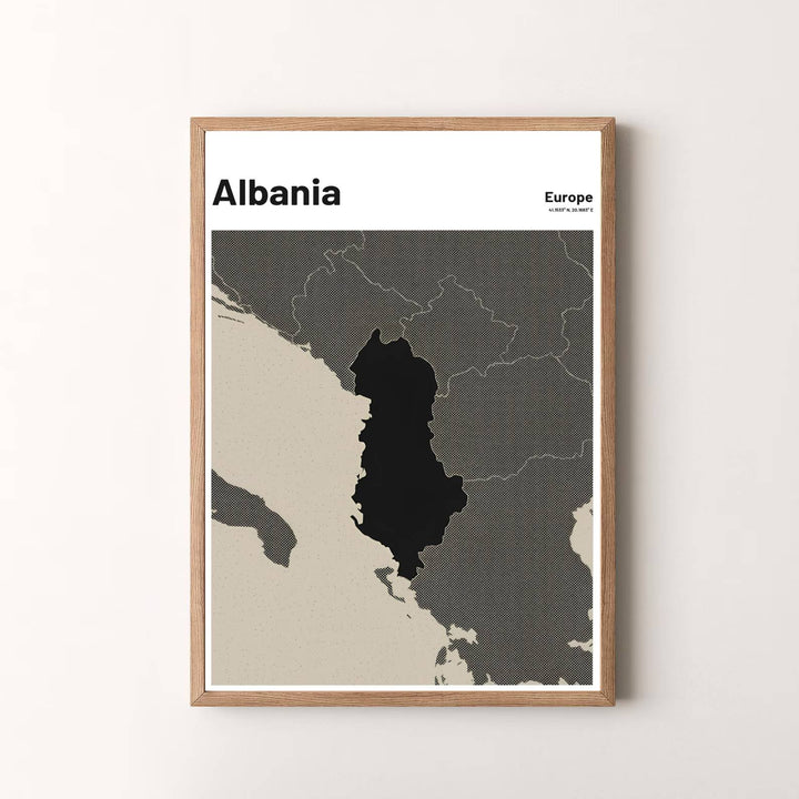Premium graphic map poster depicting Albania in dark charcoal shades, designed to bring modern European style and travel inspiration into your home. Offered by MapYourDreams, this artwork is available in flexible options including unframed paper, custom wooden frames, and gallery canvas wraps.
