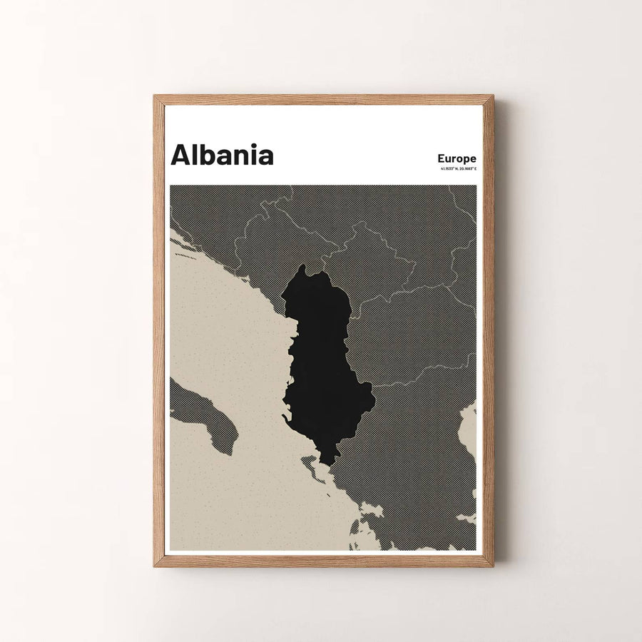 Premium graphic map poster depicting Albania in dark charcoal shades, designed to bring modern European style and travel inspiration into your home. Offered by MapYourDreams, this artwork is available in flexible options including unframed paper, custom wooden frames, and gallery canvas wraps.
