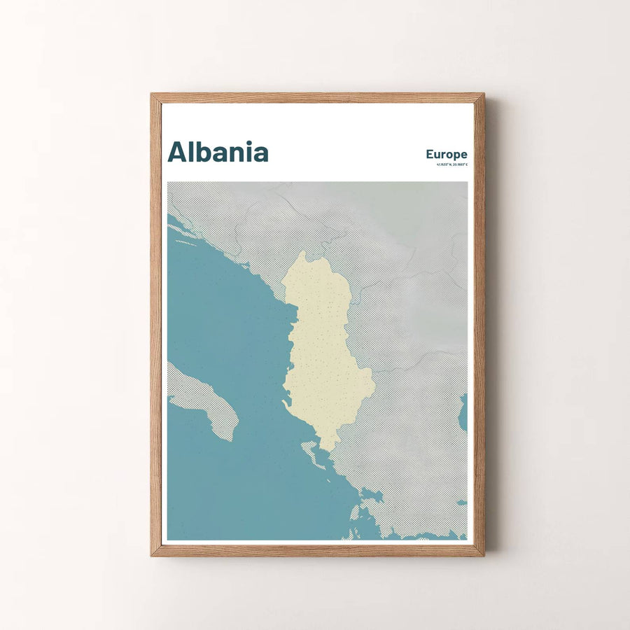 Premium graphic map poster depicting Albania in soft teal shades, designed to bring calming European style and travel inspiration into your home. Offered by MapYourDreams, this artwork is available in flexible options including unframed paper, custom wooden frames, and gallery canvas wraps.