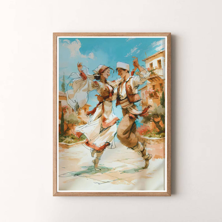 Premium cultural poster depicting the traditional Valle dance of Albania in warm vibrant colors, designed to bring European charm into your living space. Offered by MapYourDreams, this artwork is available in flexible options including unframed paper, custom wooden frames, and gallery canvas wraps.