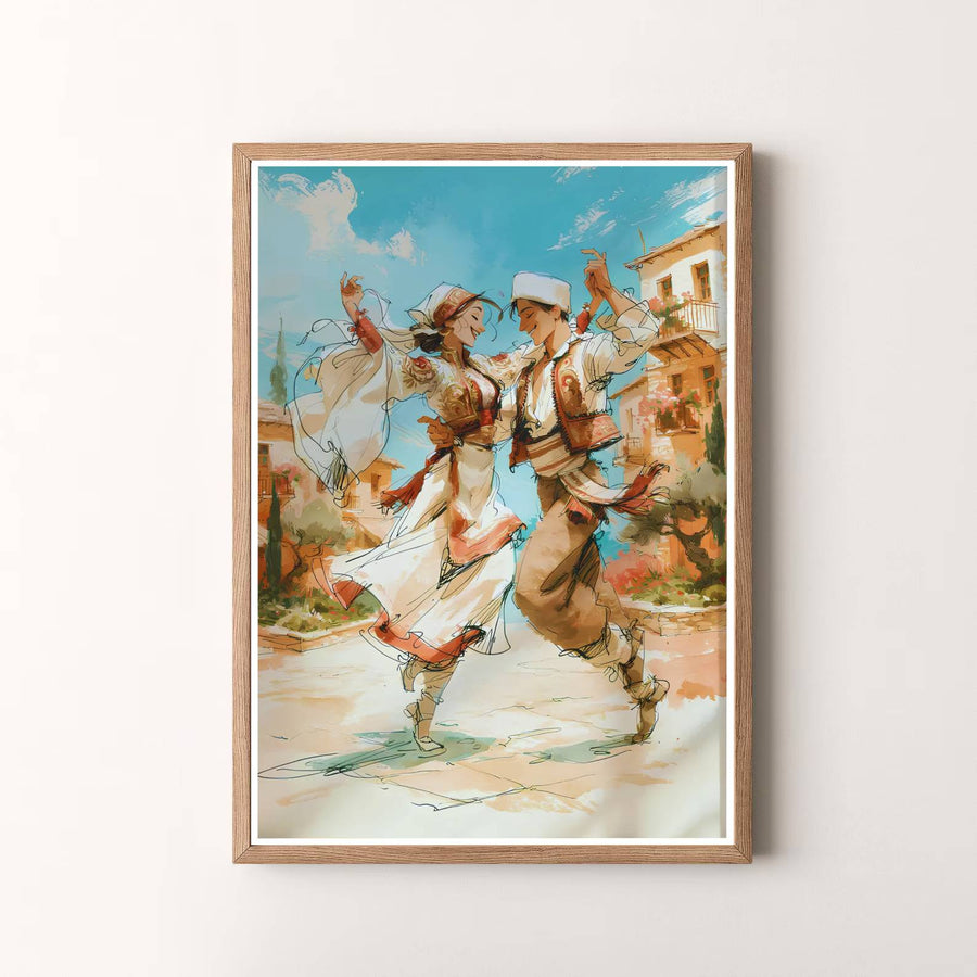 Premium cultural poster depicting the traditional Valle dance of Albania in warm vibrant colors, designed to bring European charm into your living space. Offered by MapYourDreams, this artwork is available in flexible options including unframed paper, custom wooden frames, and gallery canvas wraps.