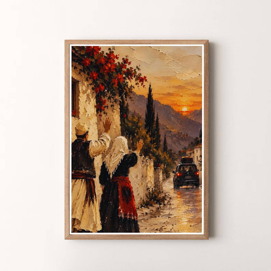 Premium cultural poster depicting a traditional Albanian sunset farewell in warm oil colors, designed to bring European heritage into your living space. Offered by MapYourDreams, this artwork is available in flexible options including unframed paper, custom wooden frames, and gallery canvas wraps.