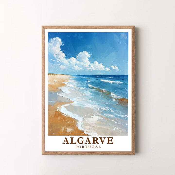 Broad palette knife brushstrokes capture rolling ocean waves at Algarve Beach, Portugal in this travel poster. MapYourDreams offers versatile framed, unframed, and canvas print options to refresh your room decor.