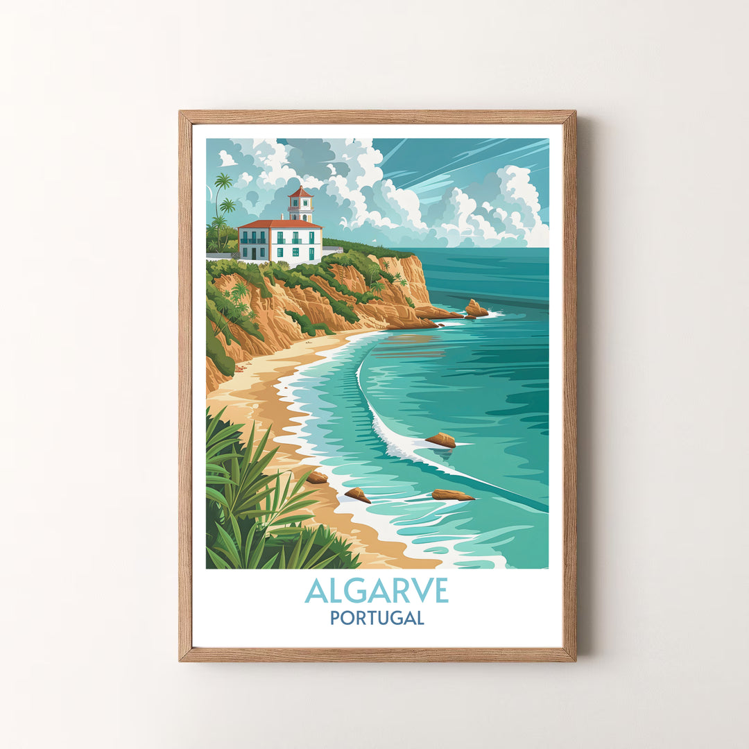 Beautiful sandstone cliffs meet turquoise Atlantic waters in this Algarve wall decor artwork, presented in a silver metal frame format that brings European coastal charm to any room.