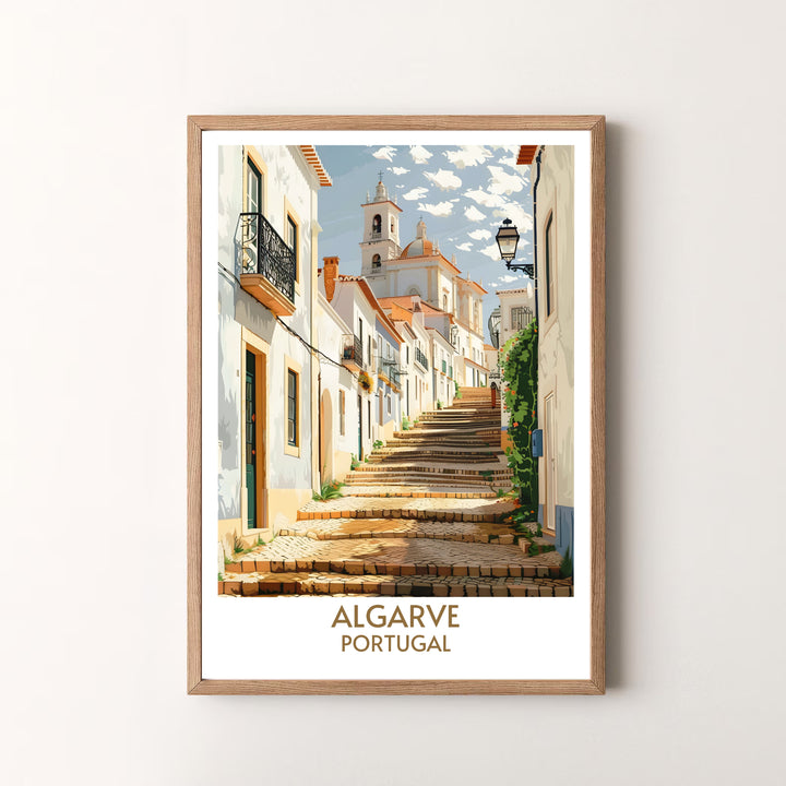 Panoramic views of a sunlit Portuguese cobblestone alley at Faro Old Town, Portugal star in this travel poster. MapYourDreams offers versatile framed, unframed, and canvas print options to refresh your room decor.