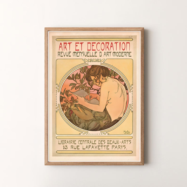 Elegant French poster print Art Et Decoration by artist Alphonse Mucha featuring circular medallion scenery in a museum style at 13 Rue Lafayette Paris. MapYourDreams offers versatile framed, unframed, and canvas print options.
