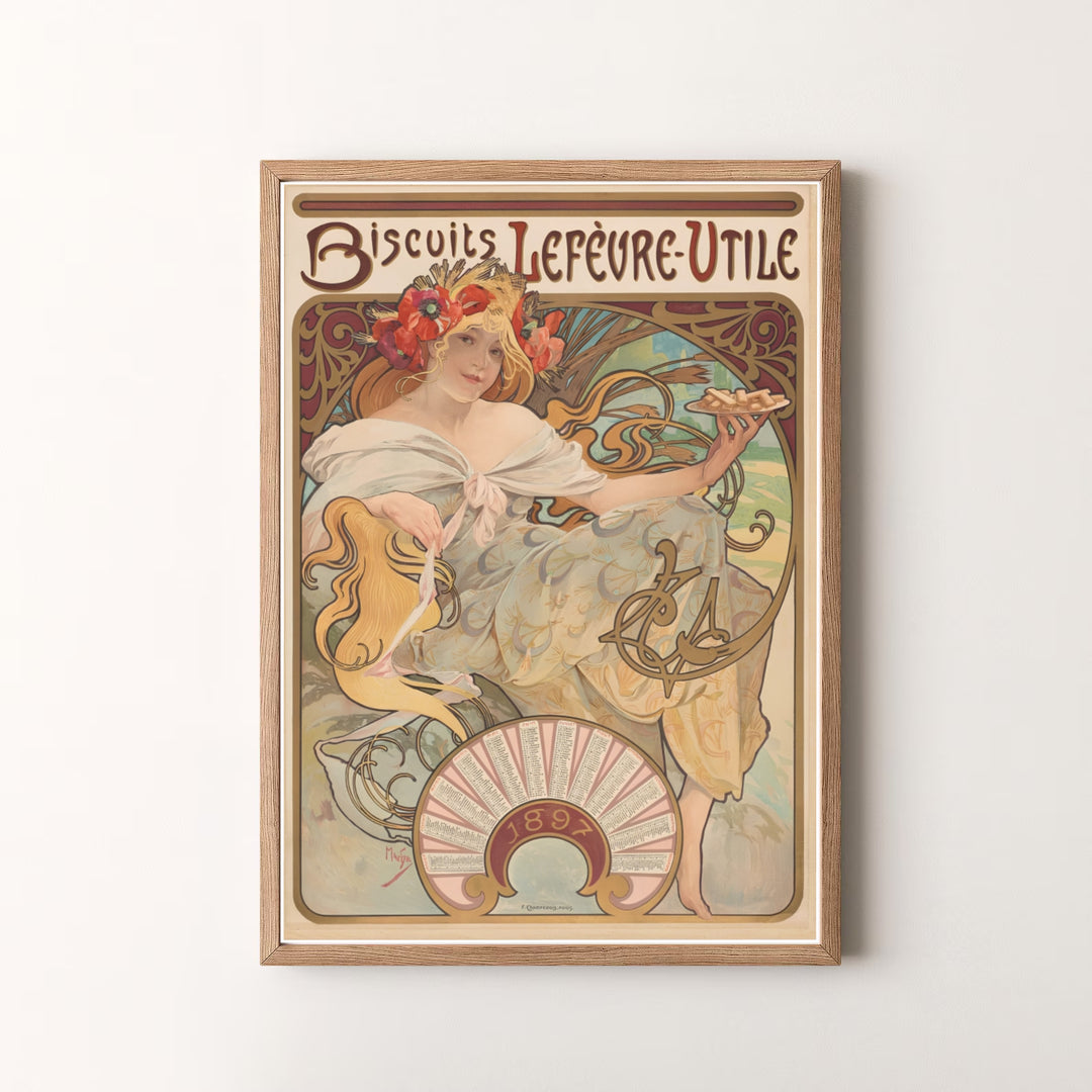 Elegant French poster print Biscuits Lefevre Utile by artist Alphonse Mucha featuring poppy hair scenery in a museum style in Nantes France. MapYourDreams offers versatile framed, unframed, and canvas print options.