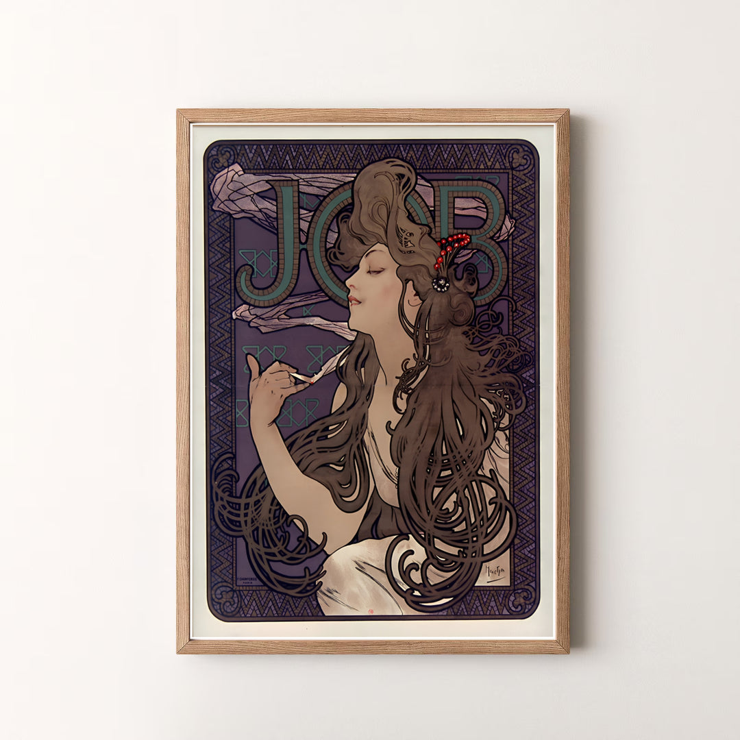 Elegant French poster print JOB Cigarette Papers by artist Alphonse Mucha featuring hair tendrils in a museum style in Paris France. MapYourDreams offers versatile framed, unframed, and canvas print options.