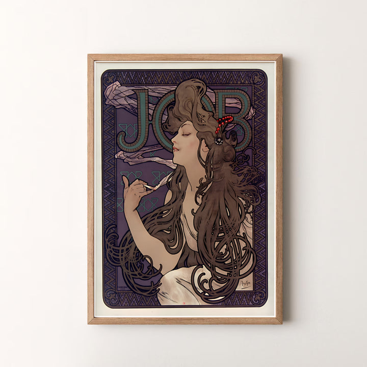 Elegant French poster print JOB Cigarette Papers by artist Alphonse Mucha featuring hair tendrils in a museum style in Paris France. MapYourDreams offers versatile framed, unframed, and canvas print options.