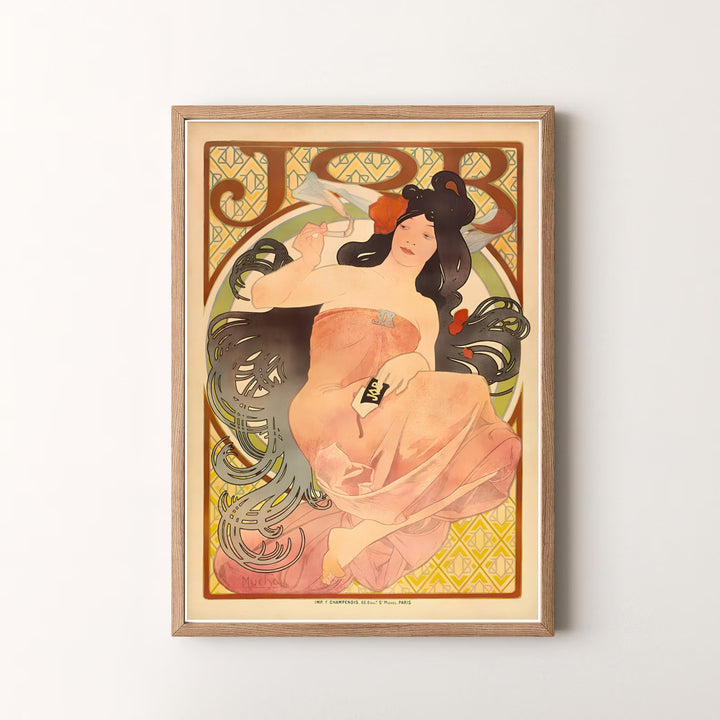 Elegant French poster print JOB Cigarette Papers by artist Alphonse Mucha featuring hair tendrils in a museum style at Boulevard Saint-Michel Paris. MapYourDreams offers versatile framed, unframed, and canvas print options.