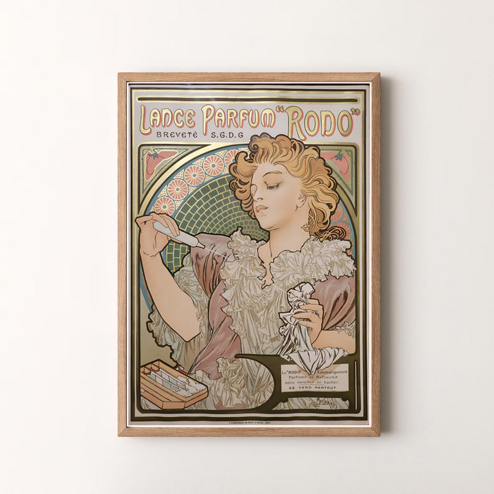 Elegant French poster print Lance Parfum Rodo by artist Alphonse Mucha featuring wavy hair in a museum style in Paris France. MapYourDreams offers versatile framed, unframed, and canvas print options.