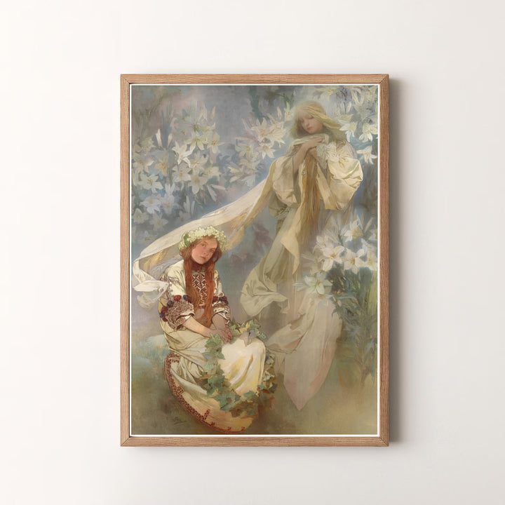 Elegant spiritual poster print Madonna Of The Lilies by artist Alphonse Mucha featuring a flower wreath maiden in a museum style in Prague Bohemia. MapYourDreams offers versatile framed, unframed, and canvas print options.