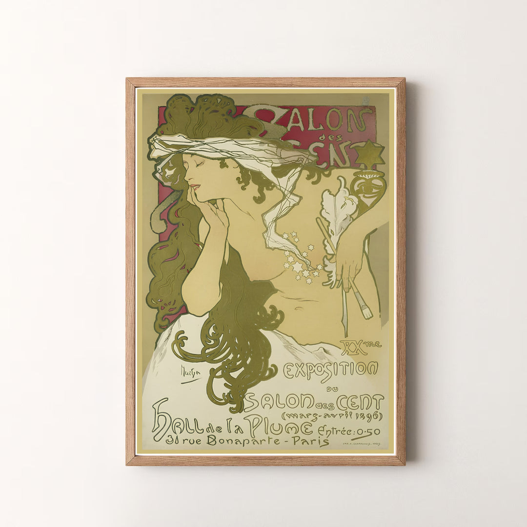 Elegant Belle Epoque poster print Salon Des Cent by artist Alphonse Mucha featuring a muse with paintbrushes at 31 Rue Bonaparte Paris. MapYourDreams offers versatile framed, unframed, and canvas print options.