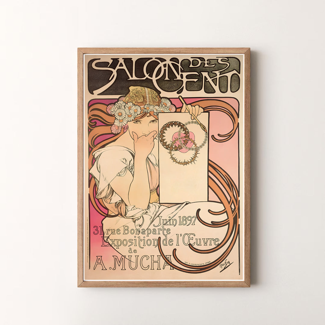 Elegant Belle Epoque poster print Salon Des Cent by artist Alphonse Mucha featuring a muse with a drawing board at 31 Rue Bonaparte Paris. MapYourDreams offers versatile framed, unframed, and canvas print options.