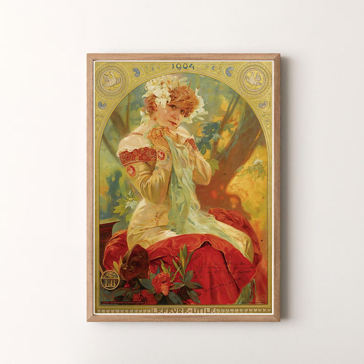 Decorative Belle Epoque poster print of Sarah Bernhardt for Lefevre Utile in Paris France by Alphonse Mucha, offered in unframed paper, stretched canvas, or custom framed print choices at MapYourDreams.