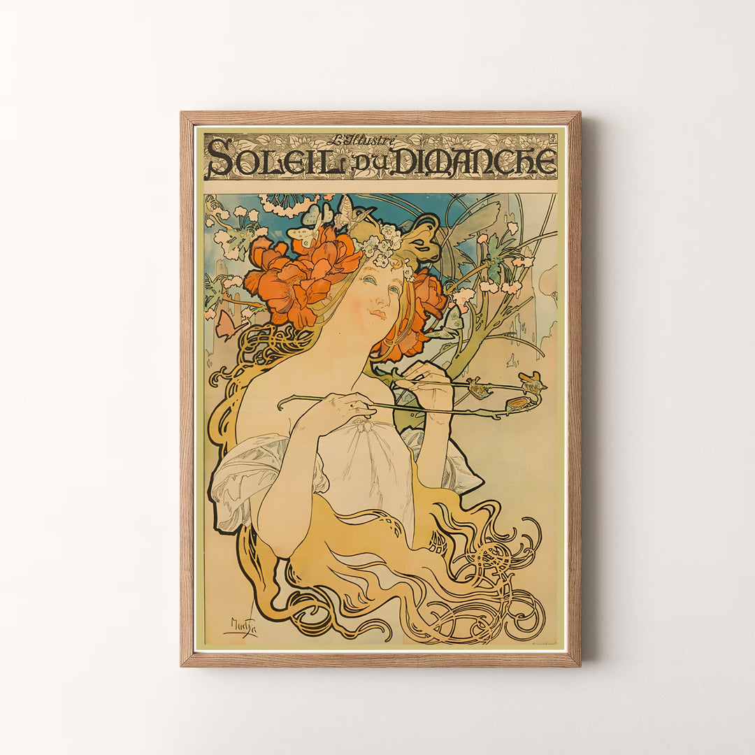 Elegant French poster print Soleil Du Dimanche by artist Alphonse Mucha featuring floral hair scenery in a museum style in Paris. MapYourDreams offers versatile framed, unframed, and canvas print options.