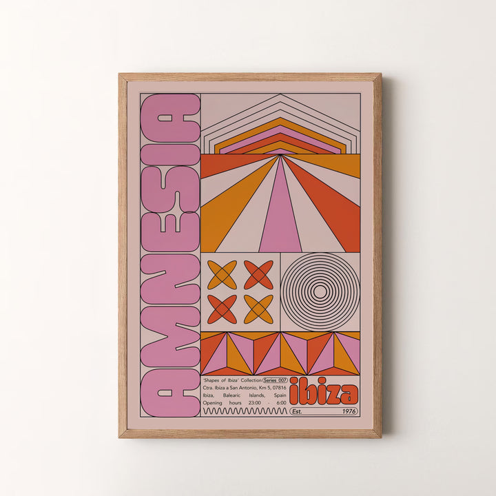 Bold music venue art piece detailing pink Amnesia lettering, terracotta radiating perspective lines, and geometric star tiles for Ibiza Spain, available at MapYourDreams as an unframed print, a stretched canvas, or custom framing options to complement statement wall setups.