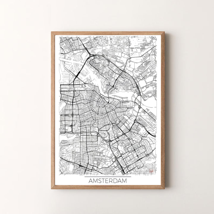 Minimalist black and white cartography art piece detailing traditional and modern street paths in Amsterdam, available at MapYourDreams as an unframed print, a stretched canvas, or custom framing options to complement modern living spaces.