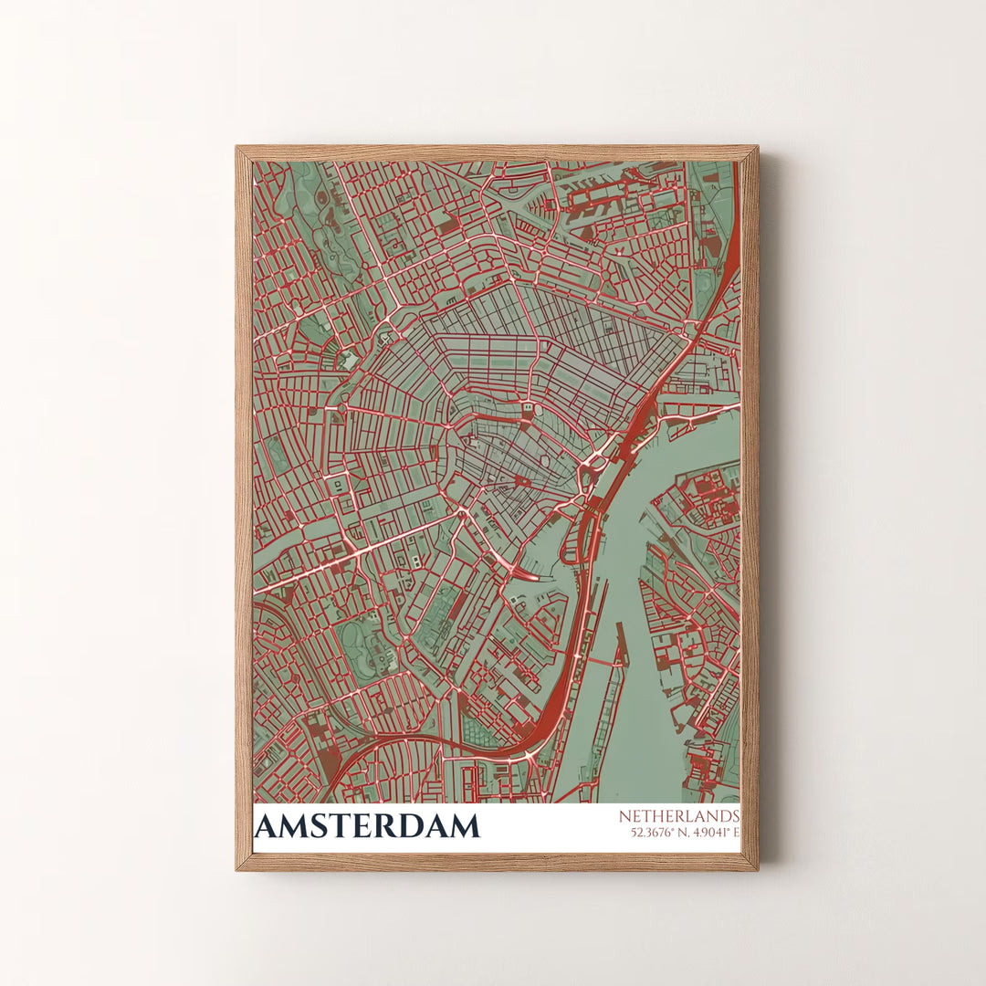 Muted color cartography art piece detailing traditional and modern street paths in Amsterdam Netherlands, available at MapYourDreams as an unframed print, a stretched canvas, or custom framing options to complement modern living spaces.