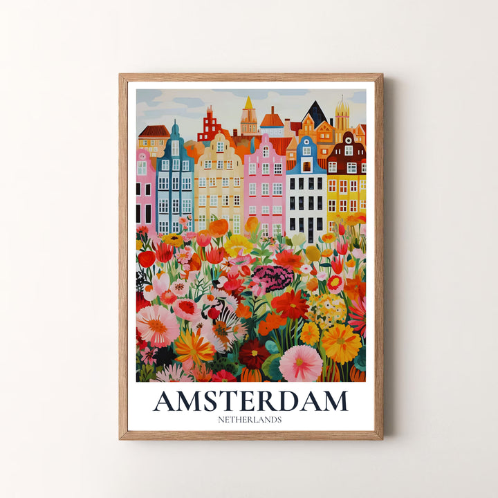 Pastel cartography and botanical art piece detailing historic houses and dense wildflower beds in Amsterdam Netherlands, available at MapYourDreams as an unframed print, a stretched canvas, or custom framing options to complement cheerful living spaces.