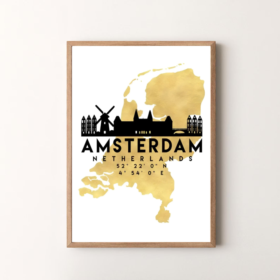 Luxury gold and monochrome cartography art piece detailing the shape of the Netherlands with black Amsterdam city icons, available at MapYourDreams as an unframed print, a stretched canvas, or custom framing options to complement modern living spaces.