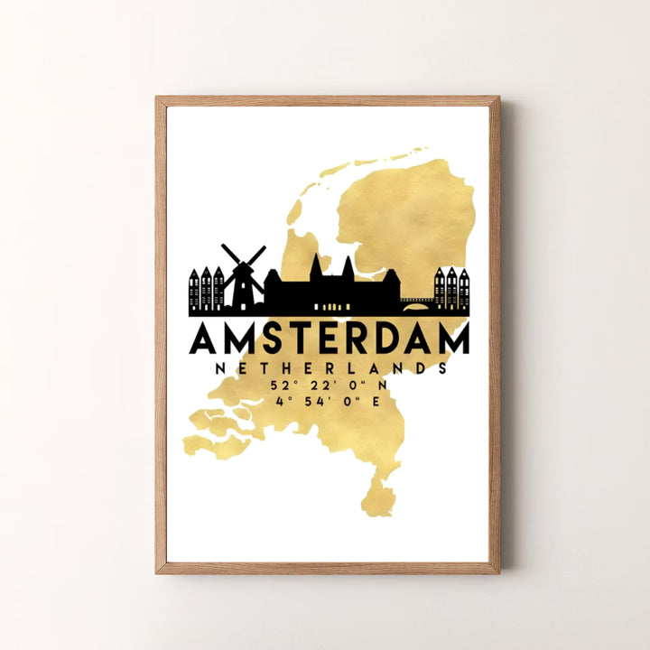 Luxury gold and monochrome cartography art piece detailing the shape of the Netherlands with black Amsterdam city icons, available at MapYourDreams as an unframed print, a stretched canvas, or custom framing options to complement modern living spaces.
