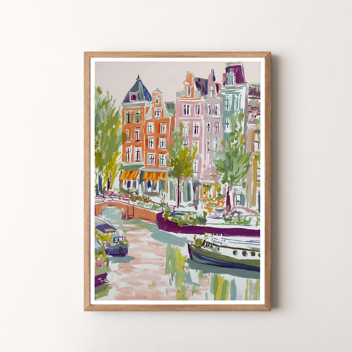 Pastel impressionist art piece detailing historic houses, arched bridges, and houseboats in Amsterdam Netherlands, available at MapYourDreams as an unframed print, a stretched canvas, or custom framing options to complement serene living spaces.
