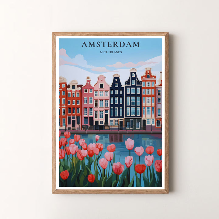 Vector graphic art piece detailing gabled houses, water reflections, and blooming pink tulips in Amsterdam Netherlands, available at MapYourDreams as an unframed print, a stretched canvas, or custom framing options to complement modern living spaces.