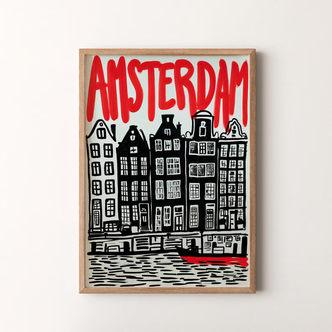 Woodcut graphic art piece detailing gabled houses, carved ripples, and red lettering in Amsterdam Netherlands, available at MapYourDreams as an unframed print, a stretched canvas, or custom framing options to complement statement wall setups.
