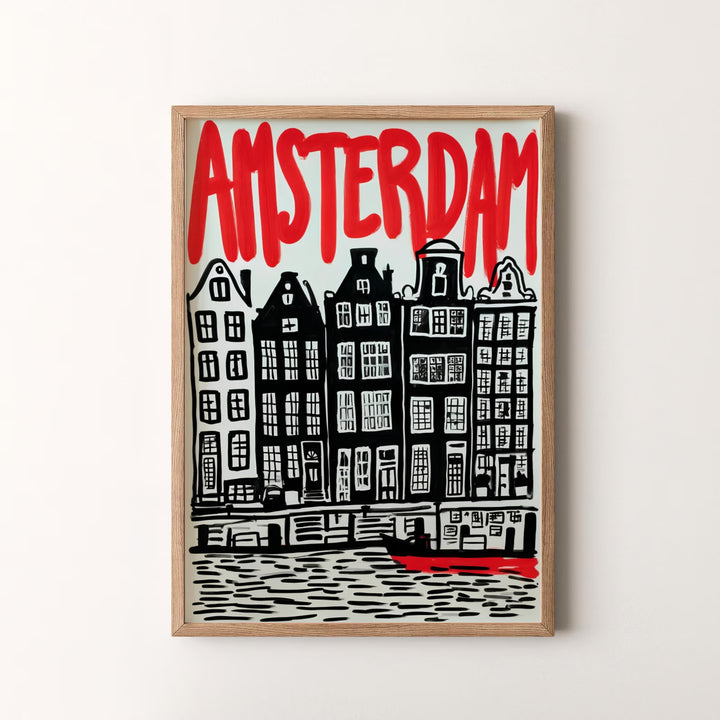 Woodcut graphic art piece detailing gabled houses, carved ripples, and red lettering in Amsterdam Netherlands, available at MapYourDreams as an unframed print, a stretched canvas, or custom framing options to complement statement wall setups.