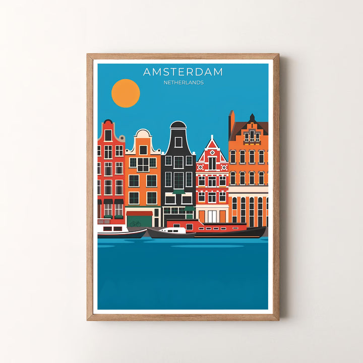 Contemporary European fine art print of an Amsterdam canal scene with clean flat vector geometry, presented by MapYourDreams where customers can choose from unframed paper posters, ready-to-hang canvas, or custom framed wall decor options.