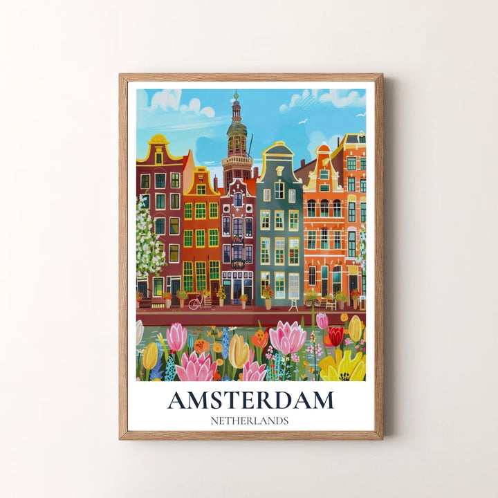 Painterly travel art piece detailing gabled houses, bicycles, and blooming tulips in Amsterdam Netherlands, available at MapYourDreams as an unframed print, a stretched canvas, or custom framing options to complement statement wall setups.