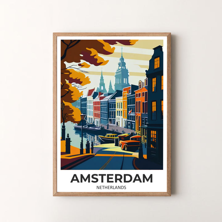 Screen-print style travel art piece detailing gabled houses, streetlamps, and church spires in Amsterdam Netherlands, available at MapYourDreams as an unframed print, a stretched canvas, or custom framing options to complement statement wall setups.