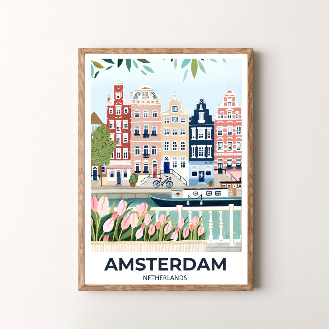 Whimsical travel art piece detailing gabled houses, a parked bicycle, and pink tulip flowers in Amsterdam Netherlands, available at MapYourDreams as an unframed print, a stretched canvas, or custom framing options to complement statement wall setups.