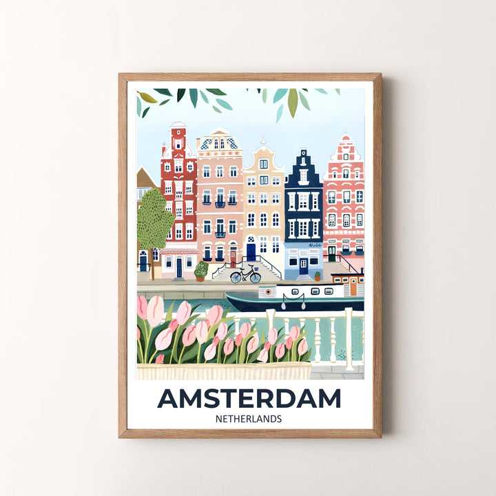 Whimsical travel art piece detailing gabled houses, a parked bicycle, and pink tulip flowers in Amsterdam Netherlands, available at MapYourDreams as an unframed print, a stretched canvas, or custom framing options to complement statement wall setups.